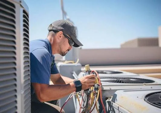 HVAC technician checking refrigerant lines on outdoor air conditioning equipment